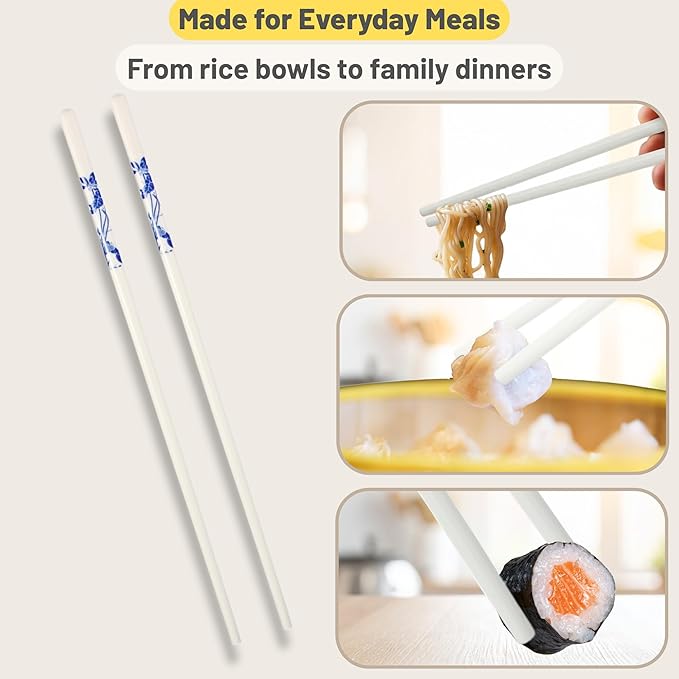 Porcelain Chopsticks Set of 5 Pairs, Reusable Bone Ceramic Chopsticks, Dishwasher Safe, Non-Slip Design, Elegant Gift Box for Family or Restaurant Use (lotus)