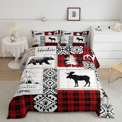 Deer Antlers Bear Kids Comforter Set King Size,Plaids Aztec Arrows Patchwork Bedding Set for Boys Girls Adults Room Decor,Rustic Adventure Xmas Down Comforter,Red Retro Duvet Insert,2 Pillowcases
