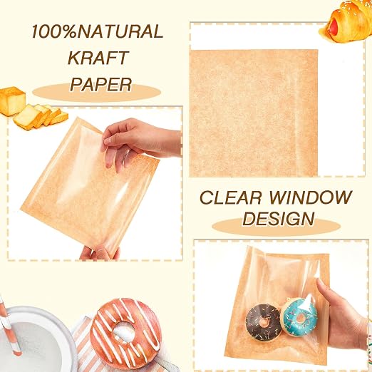 Outus 30 Pcs Cookie Packaging Bags with Seal, 7.1 x 7.5 Inch Bakery Pastry Bags with Window, Heat Sealable Grease Resistant Paper to Go Bake Sleeves for Gift Giving Donut Bread Sandwich (Brown)