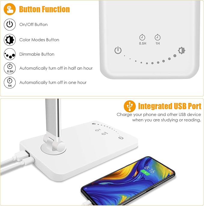LED Desk Lamp, Eye-Caring Dimmable Table Lamps, Portable Office Lamp with USB Charging Port, 5 Lighting Modes, Timer Function, Touch Sensitive Control for Reading, Study, Working