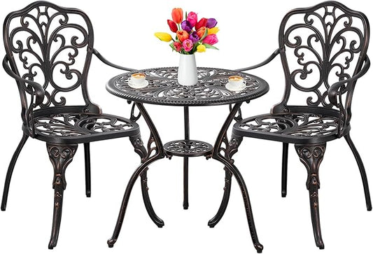 Outdoor Bistro Table and Chairs Set of 2 Cast Aluminum Patio Bistro Set with Umbrella Hole, All Weather Bistro Table Set for Garden, Bronze