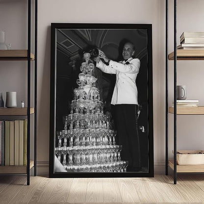 Champagne Tower 1920s, Pouring Over Stacked Glasses Black And White , Alcohol Poster, Bar Cart , Retro Wall Decor Canvas Poster Bedroom Decor Sports Landscape Office Room Decor Gift Black Frame 08x12i