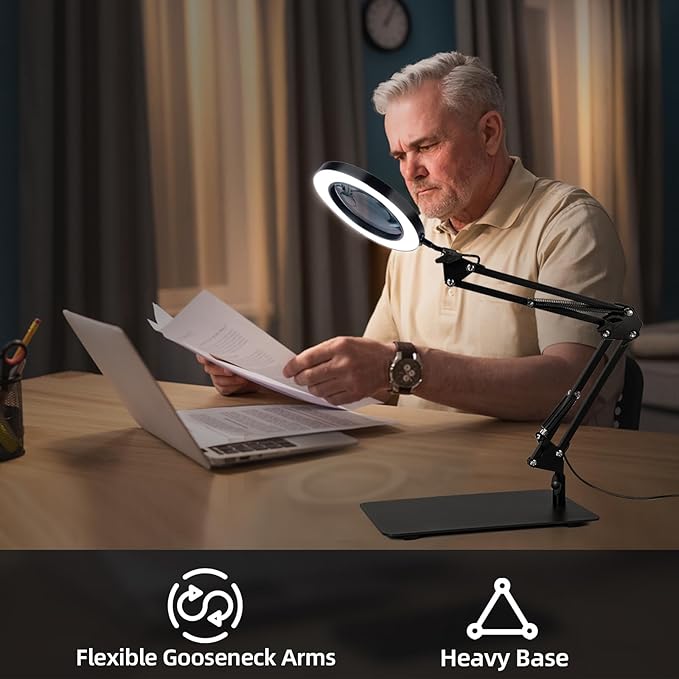 Magnifying Glass with Light and Stand, 3-in-1 Gooseneck Arms 3 Color Modes Stepless Dimmable, 10x&5X LED Desktop Magnifier with light Hands Free for Workbench Reading Crafts Painting Hobby Close Work