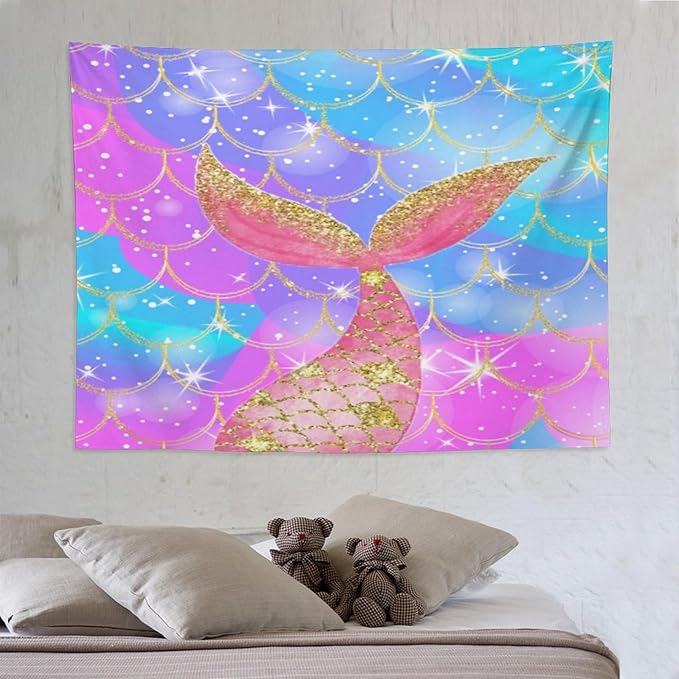 HZOHNAGO Mermaid Scales Tapestry Colorful Shiny Scales Mermaid Tail Pattern Printed Wall Tapestry Wall Hanging for Bedroom Living Room Dorm 80" W x 60" H