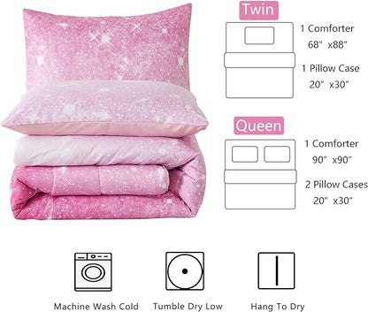 Pink Glitter Comforter Twin Size for Girls, Sparkle Galaxy Twinkle Starlight Comforter for Kids Teen,2 Piece Pink Ombre Pastel Bedding Set with 1 Pillow Case(Pink)