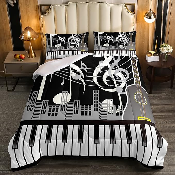 Erosebridal Paino Keys Bedding Set King Size Musical Notes Comforter Set Guitar Rock Music Bedding Comforter for Kids Boys Teens Men Retro Black White Grey Down Comforter Bedroom Decor 3 Piece