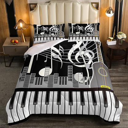 Erosebridal Paino Keys Bedding Set King Size Musical Notes Comforter Set Guitar Rock Music Bedding Comforter for Kids Boys Teens Men Retro Black White Grey Down Comforter Bedroom Decor 3 Piece