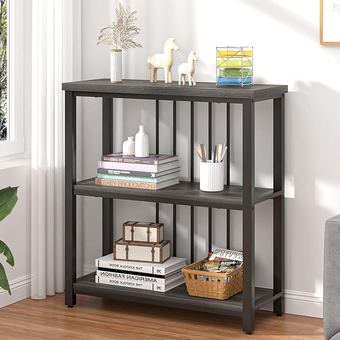 FOLUBAN 3 Tier Book Shelf, Modern Short Bookshelf for Small Space, Industrial Wood and Metal Bookcase for Bedroom, Living Room, Office (Dark Gray Oak)