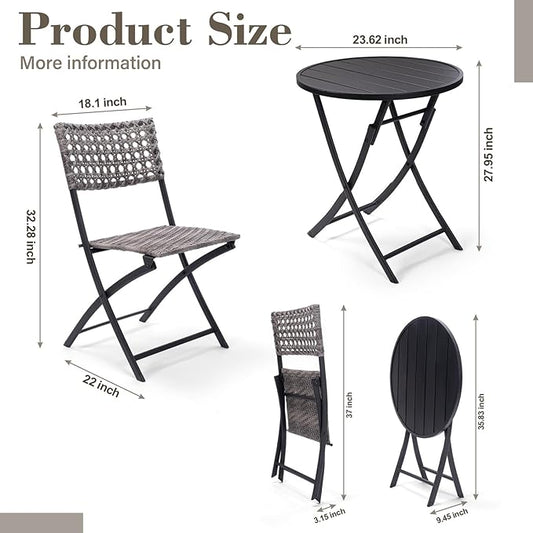 BACKYARD EXPRESSIONS PATIO · HOME · GARDEN 3 Pc 3 Piece Folding Outdoor Bistro, Wicker Furniture Table and Chairs for Garden, Backyard, Porch, Patio Conversation Set, Grey/Black