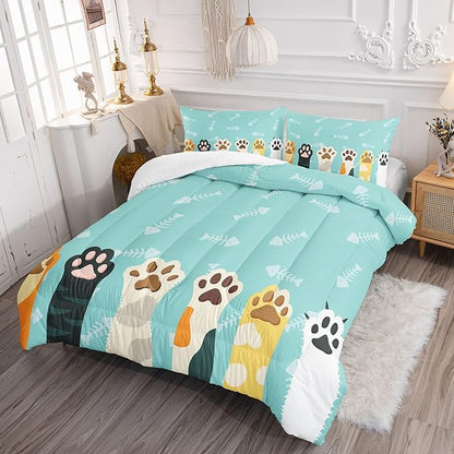 Datura home Cat Paws Comforter Bedding Set for Kids Teens,Cartoon Cat Paws and Fish Bones Pattern Lightweight Cyan Comforter with 2 Pillowcases,3pcs(Cat Paws Queen)