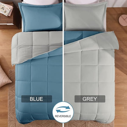 Basic Beyond King Size Comforter Set - Fluffy King Bed Comforter Set for All Seasons - Reversible Blue Comforter Set King - 3 Pieces (1 Comforter + 2 Pillow Shams) - Blue/Grey