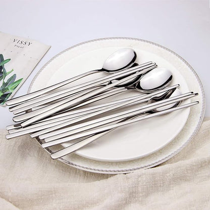 IQCWOOD Spoons and Chopsticks Set, 5 Pairs Stainless Steel Flat Chopsticks, 5 Set Korean Spoons, Metal Reusable Chop Sticks Dishwasher Safe for Home, Kitchen or Restaurant