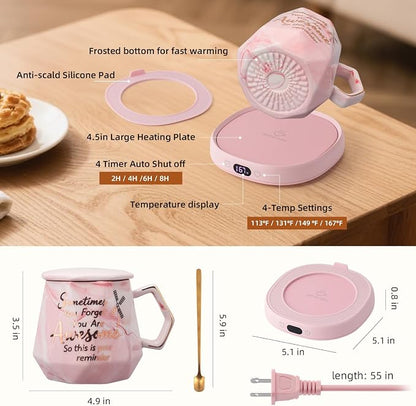 Coffee Mug Warmer Set Smart Electric Heated Cup Beverage Tea Candle Plate | You are Awesome Pink Mug Electric Warmer Set for Office Desk, 4 Temperature Control 8 Hrs Auto Shut Off, Ideal Gift for Women