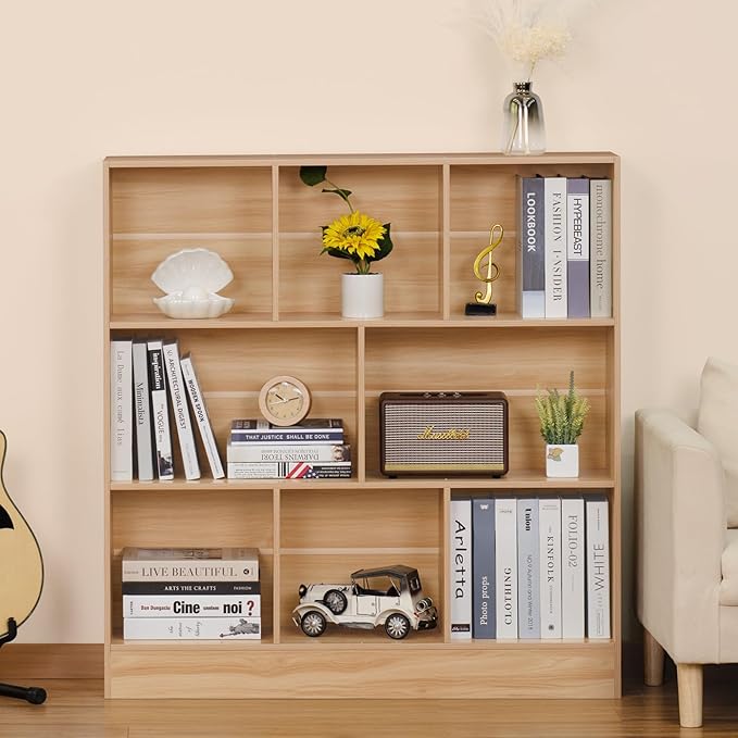 LEYAOYAO 8 Cube Bookshelf with Base,3 Tier Mid-Century Modern Natural Bookcase,Standing Wide Bookshelves Storage Organizer Shelf,Rustic Wood Display Cabinet Book Shelves for Bedroom,Living Room,Office