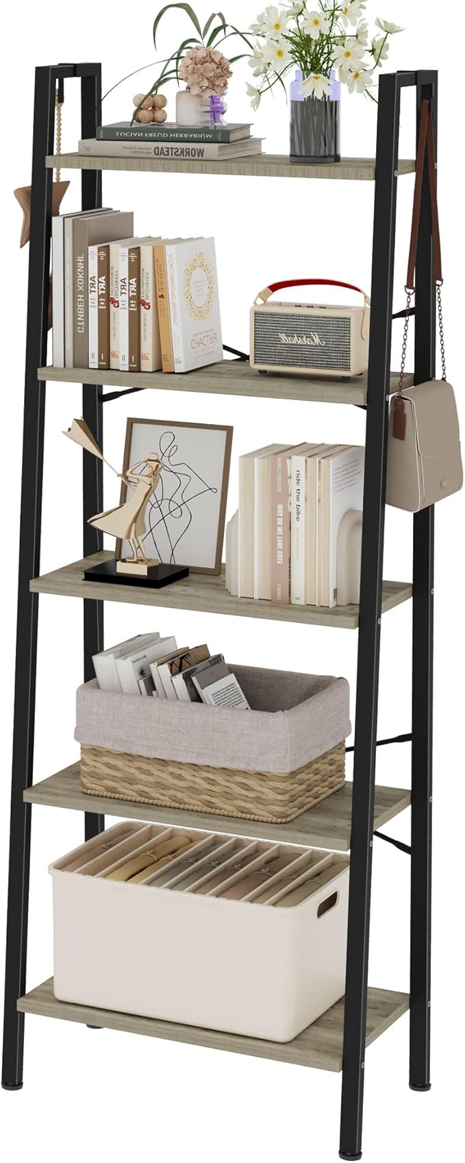 Ladder Shelf, Bookshelf Bookcase, Freestanding Corner Storage Shelve with 2 Hooks for Home Office, Living Room, Kitchen, Bedroom, Industrial, 5-Tier Greige BC19305B