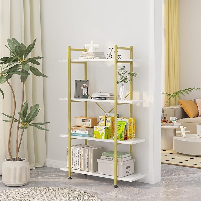 Bookshelf 4 Tiers White and Gold Wooden Storage Shelf,Modern Open Display Storage Bookcase Book Organizer,Metal Bookshelf Standing Storage Shelf Tall Shelving Units for Home Office Study
