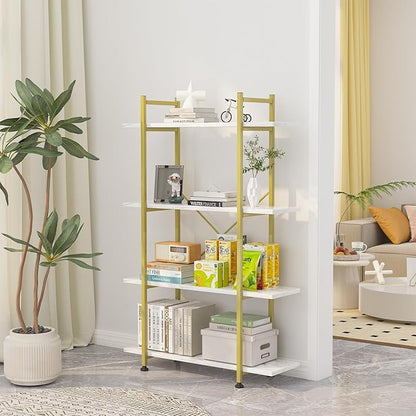 Bookshelf 4 Tiers White and Gold Wooden Storage Shelf,Modern Open Display Storage Bookcase Book Organizer,Metal Bookshelf Standing Storage Shelf Tall Shelving Units for Home Office Study