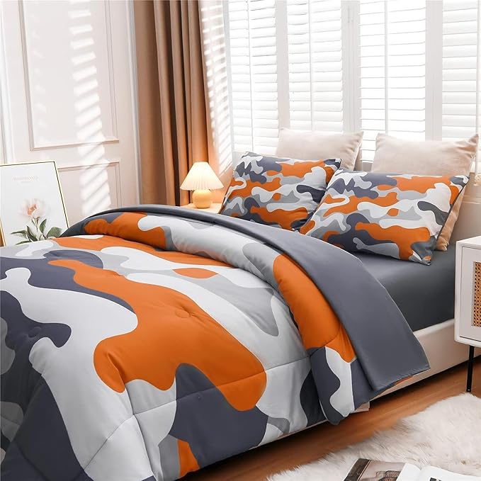 Meeting Story Camouflage Bedding Set, Colorful Pattern Style Comforter Set, 5 PCS One Comforter Two Pillowcases Two Sheets in One Bag, All Season Bedspread for Teens Adults (Orange, Queen 5Pcs)