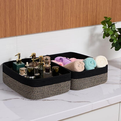Large Shallow Organizing Baskets 15x11x5.1 Inches - Rope Woven Storage Bins for Bathroom, Shelves, Cube Closet, Black Woven Brown 2 Packs