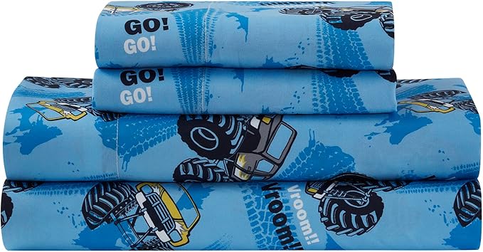 Kids Bedding Set Bed in a Bag for Boys and Girls Toddlers Printed Sheet Set and Comforter, Twin, Monster Truck