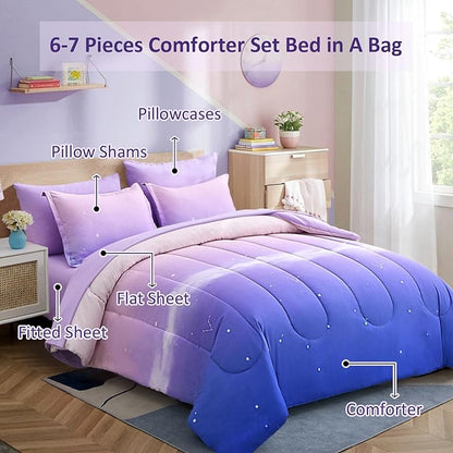 Dinjoy Girls Comforter Set Queen Size Colorful Rainbow Ombre Purple Lavender Pink Bedding Set Gradient 7 Pieces Bed in A Bag for Kids Teen Girl Women(1 Comforter, 1 Flat Sheet, 1 Fitted Sheet)