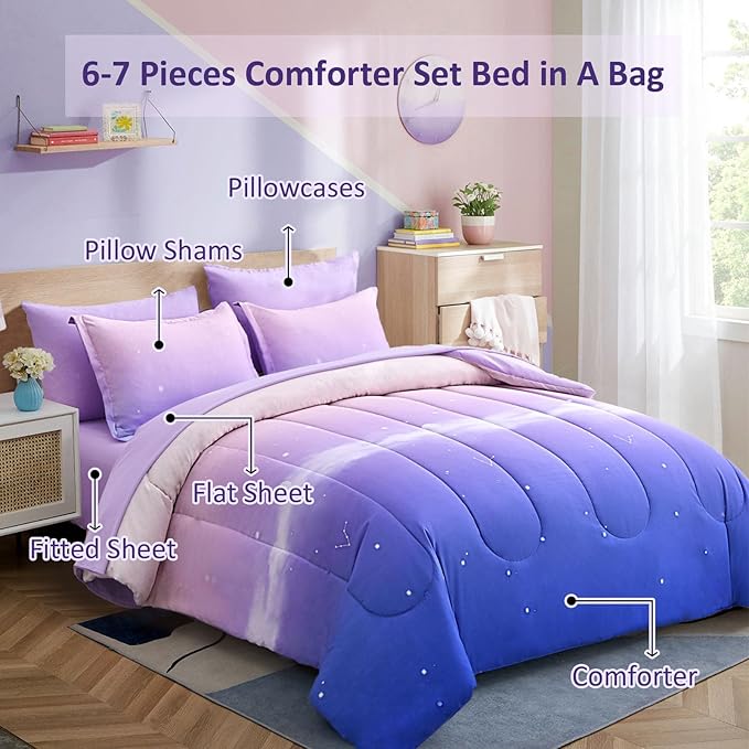 Dinjoy Girls Comforter Set Twin XL Size Rainbow Ombre Purple Lavender Pink Bedding Set Gradient 6 Pieces Bed in A Bag for Kids Teen Girl Women(1 Comforter, 1 Flat Sheet, 1 Fitted Sheet)