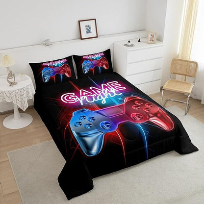 Boys Gaming Comforter Set Full Size Teens Gamer Bedding Set Modern Blue Red Video Game Controller Comforter for Kids Children Youth Bedroom Decor Multi-Color Gamer Console Action Buttons Duvet Set