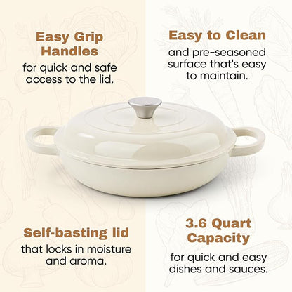 3 Quart Enameled Cast Iron Braiser, Non Stick Enameled Cast Iron Skillet with Lid, Dutch Oven Skillet with lid up to 500°F for Oven, Stove, Grill, Shallow Dutch Oven for Cook, Bake (Beige)