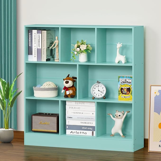 LEYAOYAO 8 Cube Bookshelf with Base,3 Tier Modern Mint-Green Kids Bookcase,Standing Wide Bookshelves Storage Organizer Toy Shelf,Wood Display Children's Book Shelves for Bedroom,Living Room,Nursery