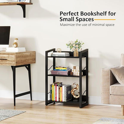 Book Shelf Small Bookshelf - 3-Tier Wood Bookcase Industrial Bookshelf Metal Narrow Bookshelves Storage Organizer Display Rack for Bedroom Living Room Home Office (Black)