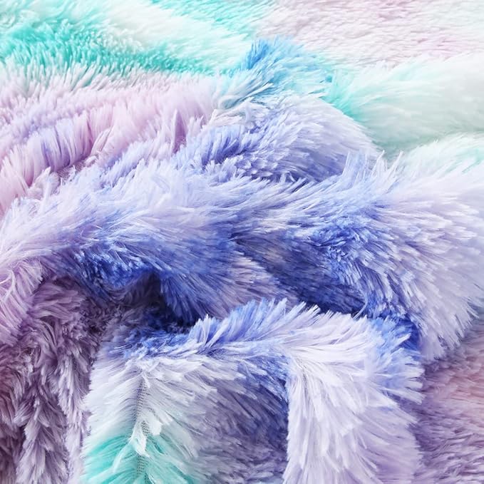 WINLIFE Shaggy Bedding Comforter Set Faux Fur Flannel Furry Comforter Plush Comforter Sets Pastel Gradient Ombre Tie Dye Purple Blue Teal Bedding for Girls Adults (3Pcs, Twin, Teal Purple)