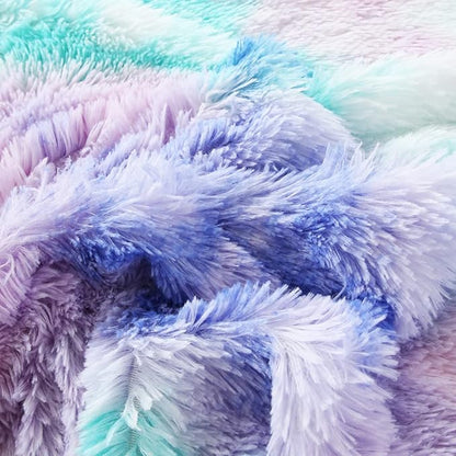 WINLIFE Shaggy Bedding Comforter Set Faux Fur Flannel Furry Comforter Plush Comforter Sets Pastel Gradient Ombre Tie Dye Purple Blue Teal Bedding for Girls Adults (3Pcs, Twin, Teal Purple)