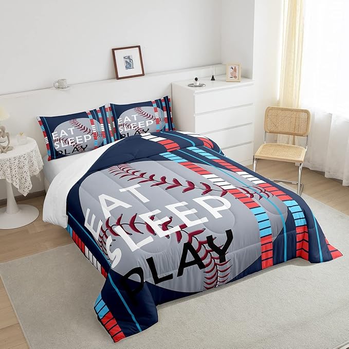 Feelyou Baseball Comforter Set Sports Game Bedding Set for Boys Girls Baseball Gaming Blue Stripe Comforter Gift for Baseball Softball Lover Room Decor Queen Size Quilt Boys