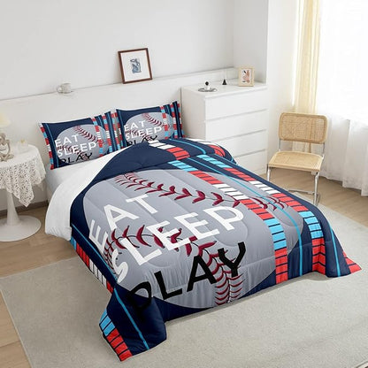 Feelyou Baseball Comforter Set Sports Game Bedding Set for Boys Girls Baseball Gaming Blue Stripe Comforter Gift for Baseball Softball Lover Room Decor Queen Size Quilt Boys