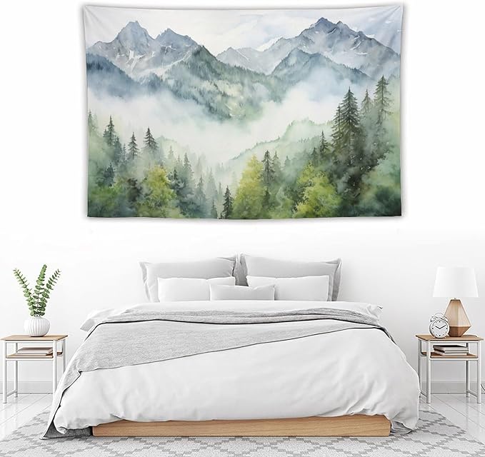 HZOHNAGO Mountain Tapestry Misty Green Forest Mountain Pattern Printed Wall Tapestry Wall Hanging for Bedroom Living Room Dorm 90" W x 60" H