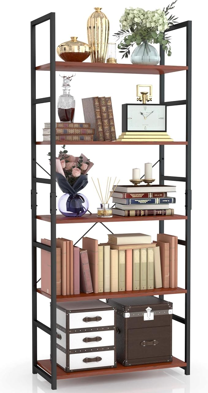 NUMENN 5 Tier Bookshelf, Tall Bookcase Shelf Storage Organizer, Modern Book Shelf for Bedroom, Living Room and Home Office, Teak