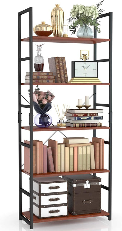 NUMENN 5 Tier Bookshelf, Tall Bookcase Shelf Storage Organizer, Modern Book Shelf for Bedroom, Living Room and Home Office, Teak