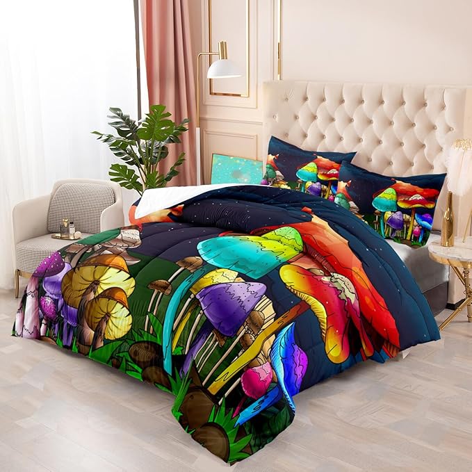 Mushroom Comforter Set Queen Size, Cute Mushroom Patterns Bedding Set for Boys Bedroom, Girls Ultra Soft Comforter Set Queen Size, Colorful Mushroom Comforter for All Season 3Pcs with Pillowcases