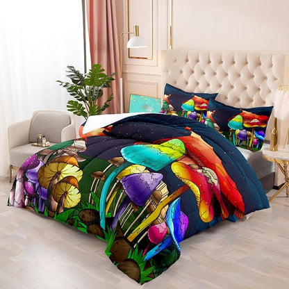 Mushroom Bedding Set Full Girls Ultra Soft Full Size Comforter Set for Boys Cute Cartoon Mushroom Comforter Set for Kids Teens Colorful Mushroom Microfiber Quilt for All Season 3Pcs with Pillowcases