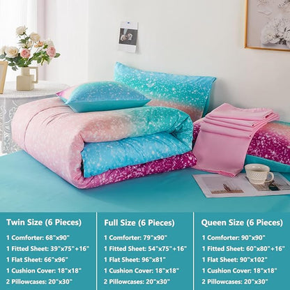 PERFEMET 6 Piece Full Size Comforter Sets for Teens Girls, Tie Dye Rainbow Ombre Bed in A Bag, Gradient Glitter Sparkle Bedroom Decor Bedding Set (Blue Teal Purple, Full)