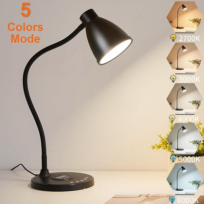 BOHON Desk Lamp for Home Office, LED Desk Light with USB C+A Charging Ports, Wireless Charger, 5 Colors Stepless Dimming Reading Light Timer, Touch Bedside Table Lamp for College Dorm Room Black