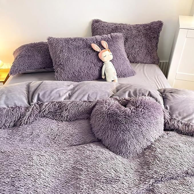 Faux Fur Kid Girls Purple Comforter Sets King - 3PC Bed Set Warm Comfortable Soft Plush Flannel Velvet Fluffy Fuzzy Bedding（Comforter x 1 Pillowcases x 2）