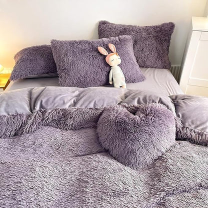 Faux Fur Kid Girls Purple Comforter Sets King - 3PC Bed Set Warm Comfortable Soft Plush Flannel Velvet Fluffy Fuzzy Bedding（Comforter x 1 Pillowcases x 2）