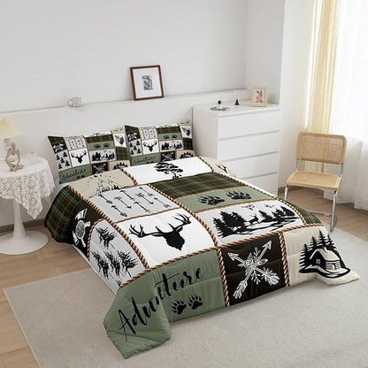 Rustic Farmhouse Kids Comforter Set Full Size,Deer Antlers Bear Paws Plaids Patchwork Bedding Set for Boys Girls Adults Room Decor,Pine Trees Arrows Down Comforter,Retro Duvet Insert,2 Pillowcases