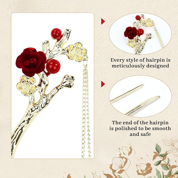 inSowni 8 Pieces Retro Vintage Asian Japanese Chinese Hanfu Gold Metal Flower Hair Sticks with Pearl Pendants Fishtail Lotus Butterfly Long Hair Pins Forks Chopsticks Bun Updo Holders for Women Girls