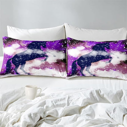Horse Comforter Set for Girls, Queen Size Galaxy Horse Purple Bedding Set for Girl Modern Bed Set Sparkly Stars Quilt Bedroom Decor, 3 Piece Queen Comforter Set 1 Comforter + 2 Pillowcases