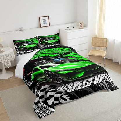 Feelyou Kids Boys Girls Race car Comforter King Size, Green Race Car Buffalo Plaid Comforter Set for Teens Toddler Sports Car Bedding Set Racing Car Duvet Set Room Decor Quilt Set Bedding Collection