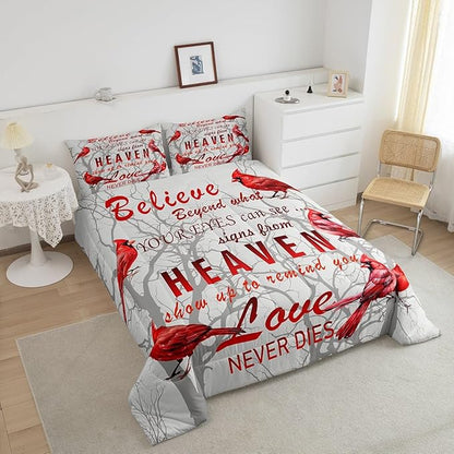 Cardinal Bird Comforter Set King Size Farmhouse Red Birds Bedding Set for Girls Boys Women Men Tree Branches Decor Comforter Nature Comforter with 2 Pillow Case
