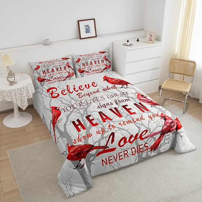 Cardinal Bird Comforter Set Twin Size Farmhouse Red Birds Bedding Set for Girls Boys Women Men Tree Branches Decor Comforter Nature Comforter with 1 Pillow Case