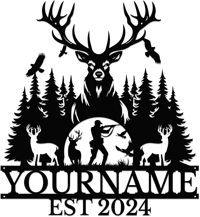 Personalized Deer Forest Name metal Signs,Custom Shed Metal Wall Decor,Black Deer Metal Wall Art Decor,Deer Home Metal Signs Plaques,Outdoor wall Decorative Signage (Style D)
